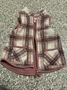 Max Studio Cream and Dusty Pink Plaid Sherpa Vest